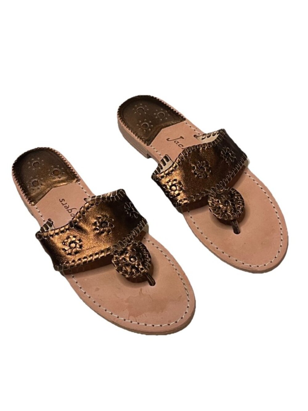 Jack Rogers Womens 9 Metallic Bronze Leather Thong Sandals Whipstitch Flat